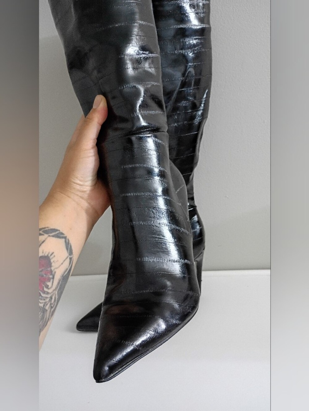Steve Madden Black Patent Over-the-Knee Stiletto Boots - Picture 4 of 16